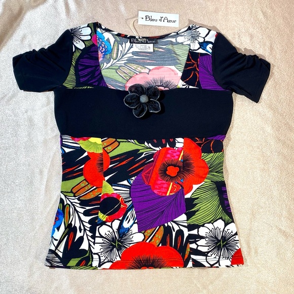 BLUE D’AZUR France top blouse black red stretchy - Picture 5 of 15